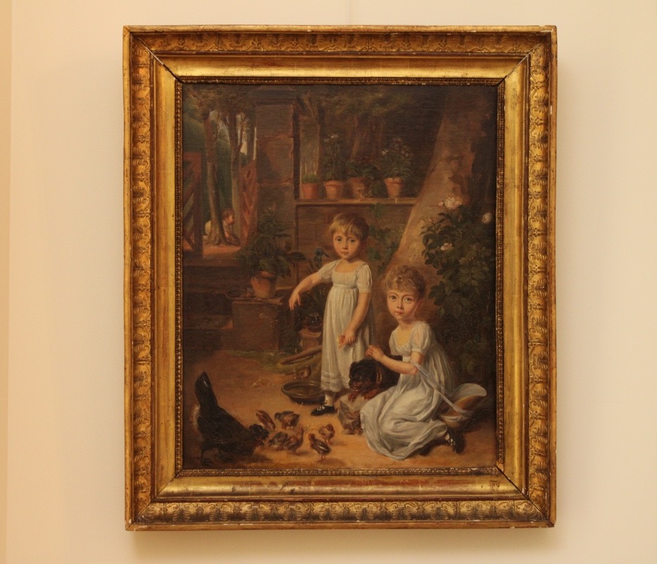 Peinture, huile sur toile, portrait d'enfants dans une basse-cour, XIXe s