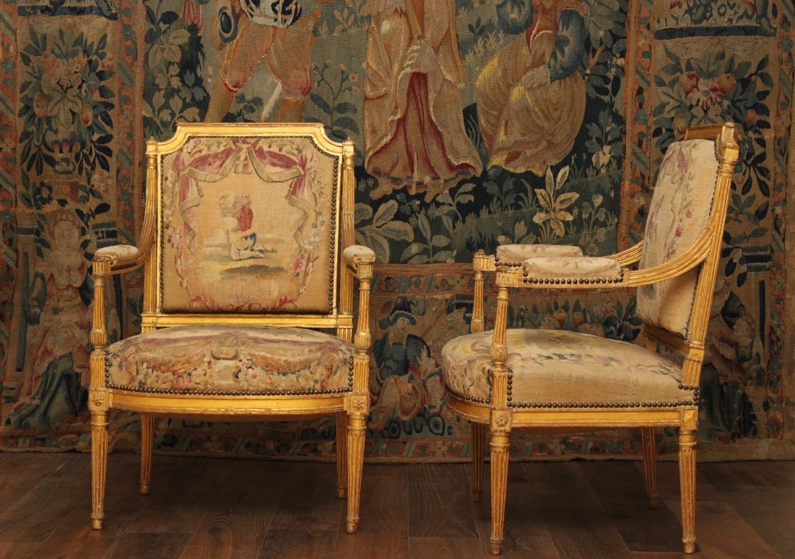  Gilded Wooden Parlor Set Upholstered With Aubusson Tapestry, Louis XVI Period, 18th Century -photo-4