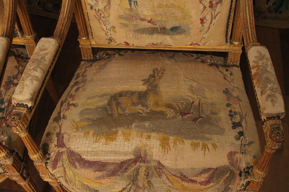  Gilded Wooden Parlor Set Upholstered With Aubusson Tapestry, Louis XVI Period, 18th Century -photo-4