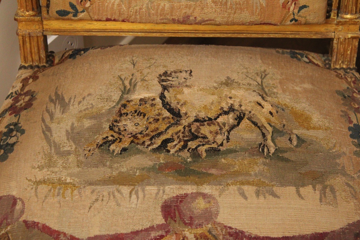  Gilded Wooden Parlor Set Upholstered With Aubusson Tapestry, Louis XVI Period, 18th Century -photo-8