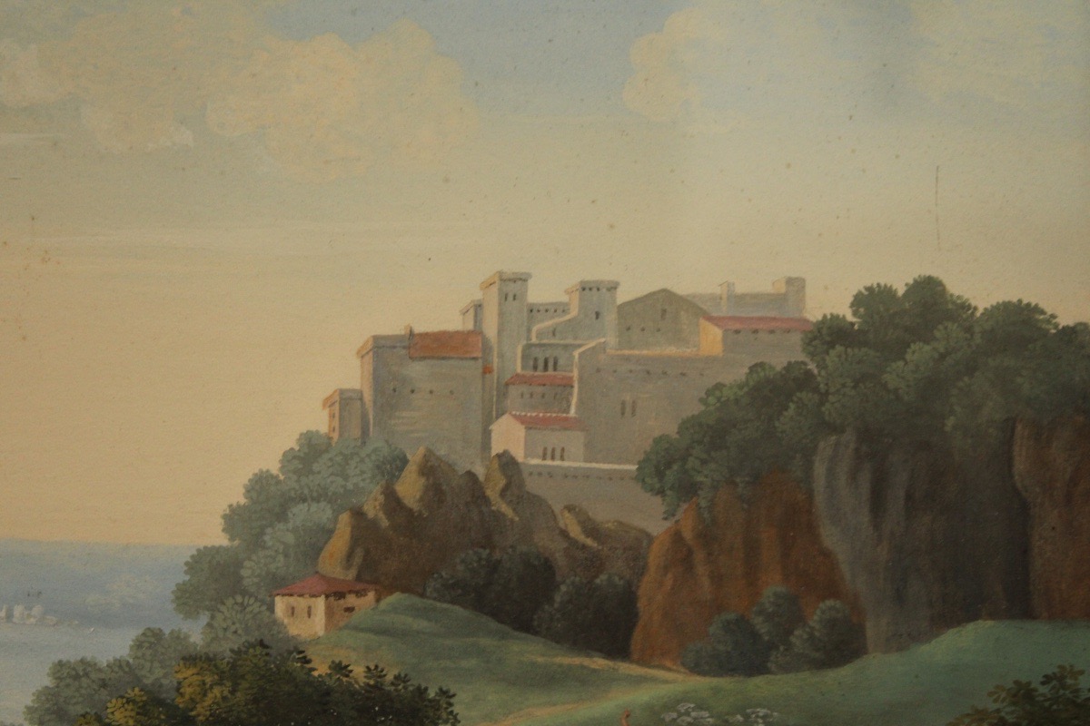 Gouache, paysage d'Arcadie, néoclassique 1er moitié XIXe siècle-photo-1