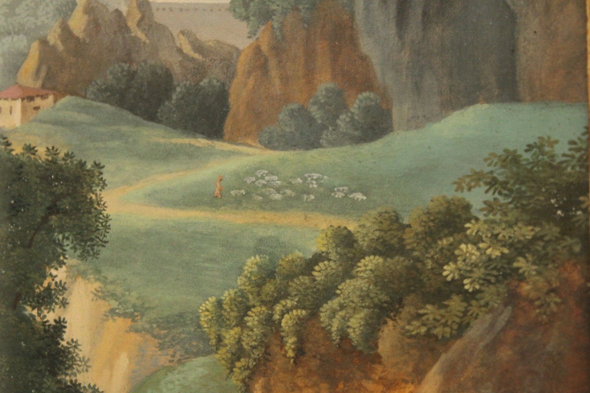 Gouache, paysage d'Arcadie, néoclassique 1er moitié XIXe siècle-photo-3