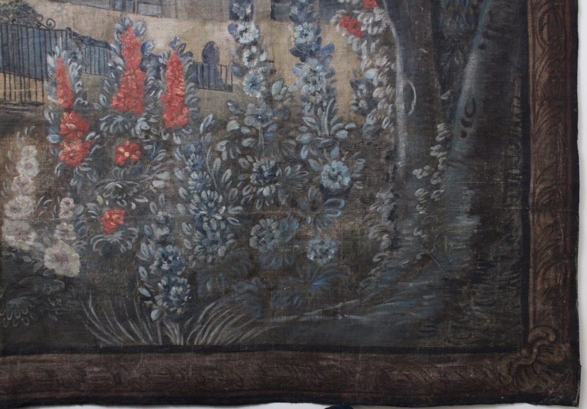 Painted Canvas Depicting A Lively Landscape In The Style Of The “verdure” Tapestries, Early 19th Century-photo-2