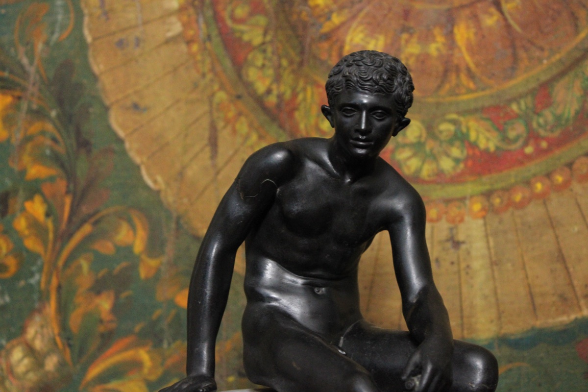 Hermès en bronze sur socle en marbre d'après l'antique "Hermès assis", XIXe s-photo-2