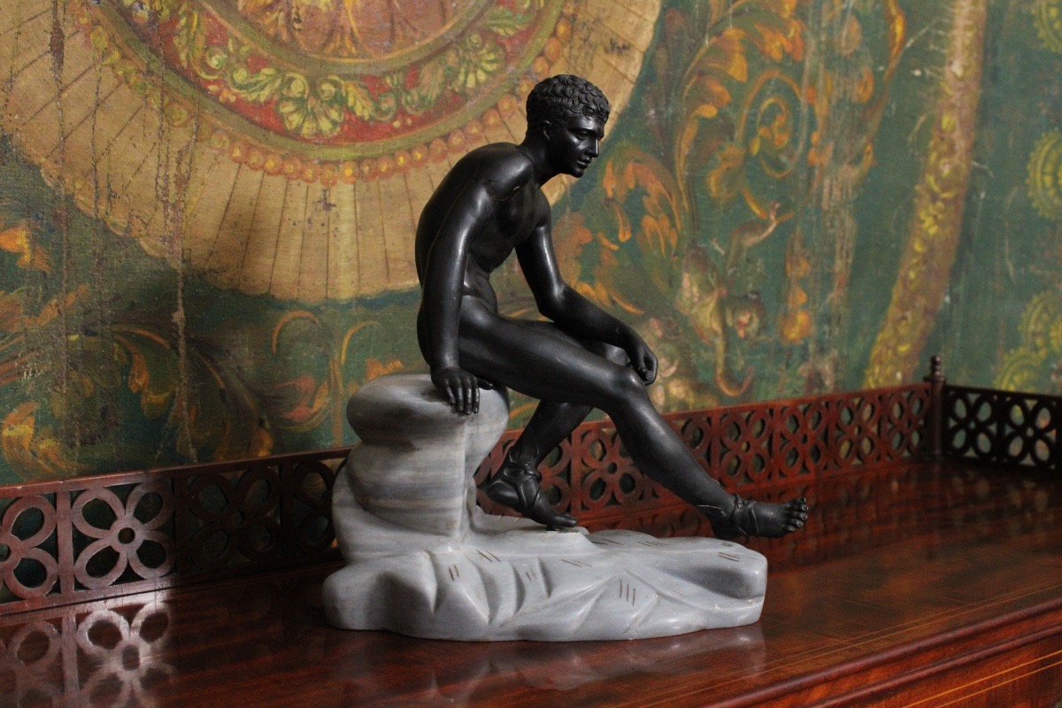 Hermès en bronze sur socle en marbre d'après l'antique "Hermès assis", XIXe s-photo-3