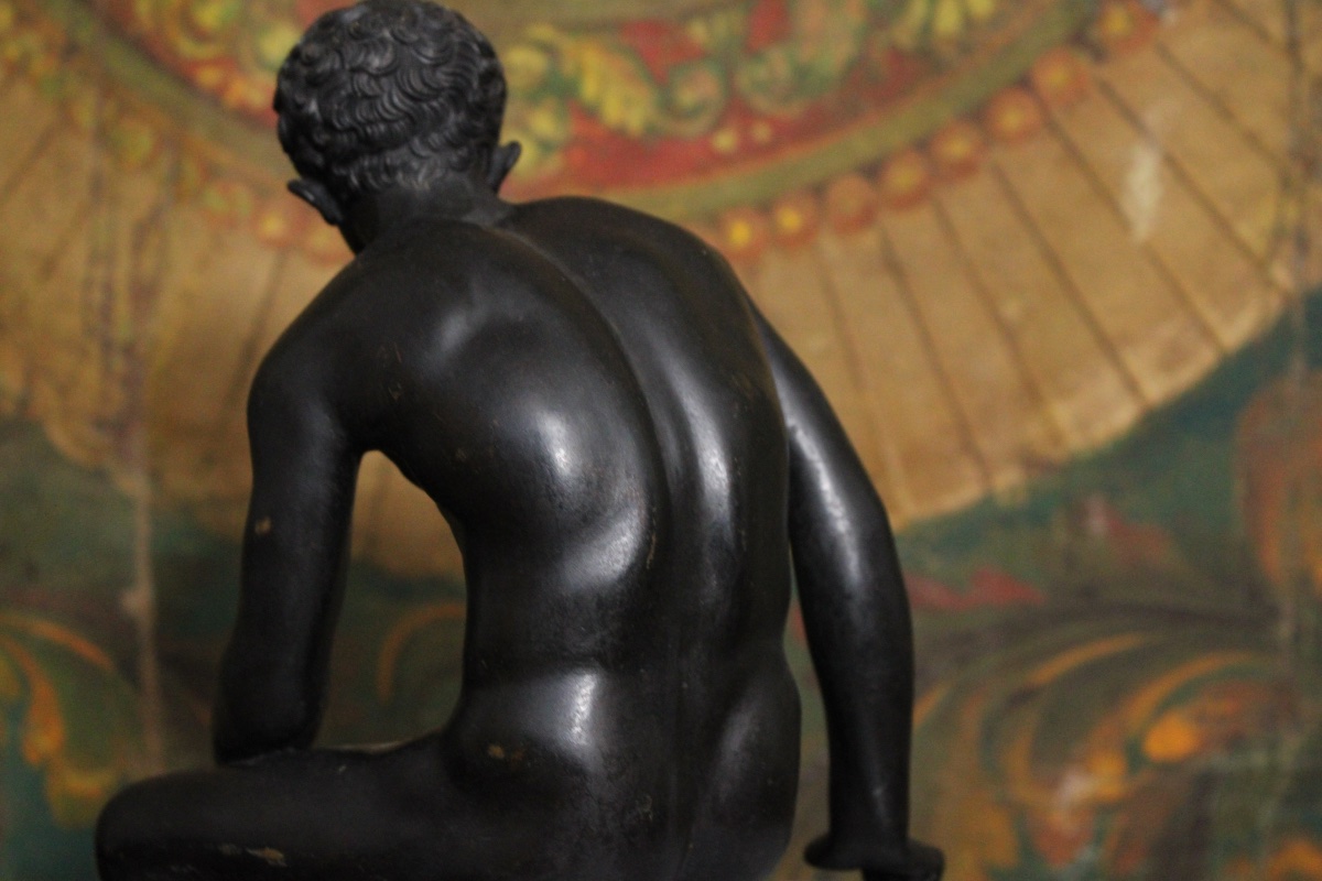 Hermès en bronze sur socle en marbre d'après l'antique "Hermès assis", XIXe s-photo-4
