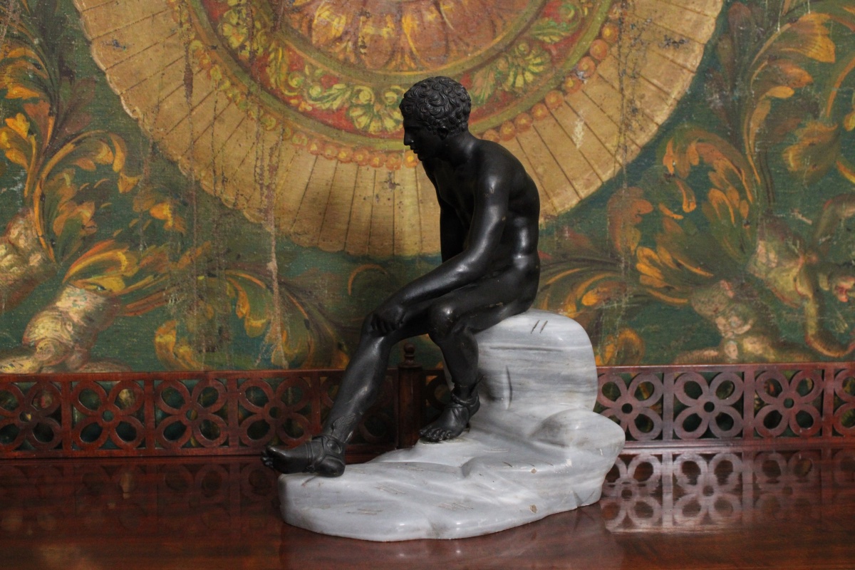 Hermès en bronze sur socle en marbre d'après l'antique "Hermès assis", XIXe s-photo-3