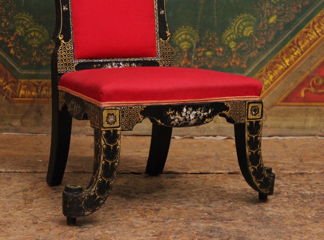 Lacquered Wooden Chair With Mother-of-pearl Inlay, Napoleon III Style, Late 19th Century-photo-2
