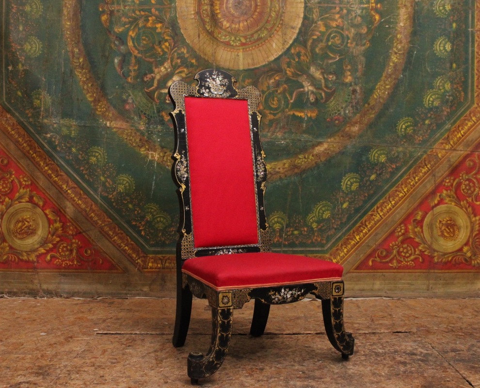 Lacquered Wooden Chair With Mother-of-pearl Inlay, Napoleon III Style, Late 19th Century