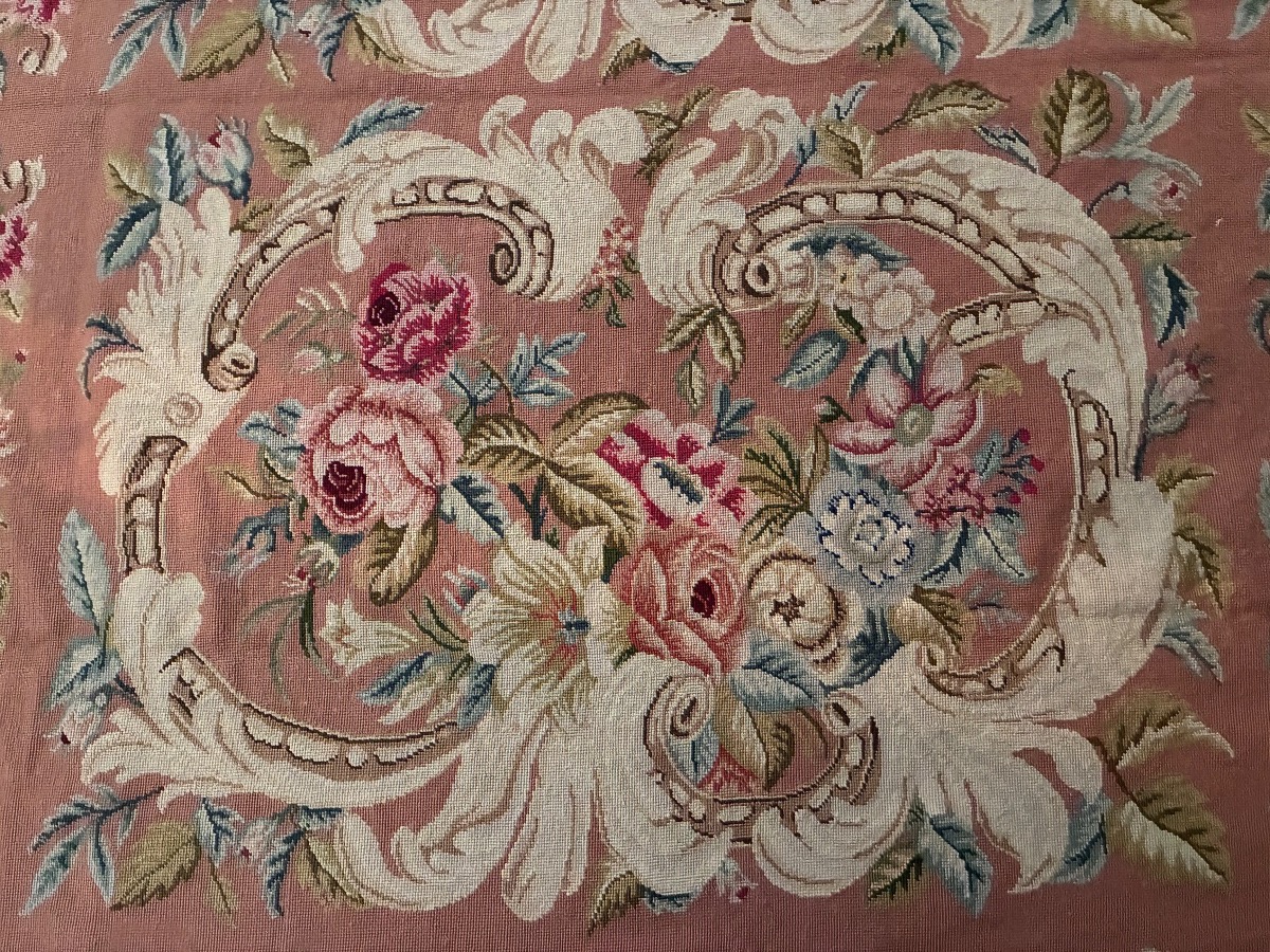  Rug, Needlepoint Tapestry, Floral Cartouches On A Pink Background, 20th Century.-photo-3