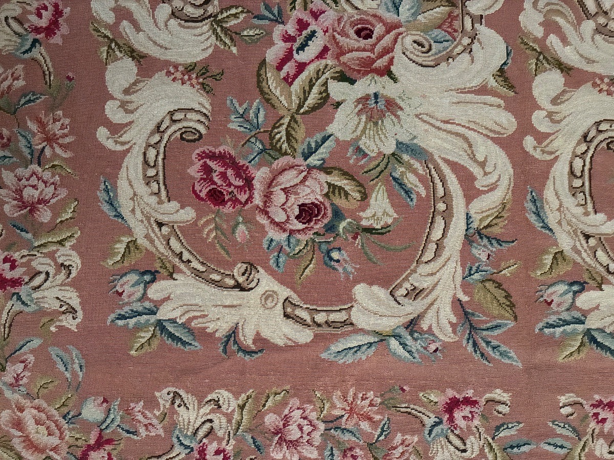  Rug, Needlepoint Tapestry, Floral Cartouches On A Pink Background, 20th Century.-photo-4