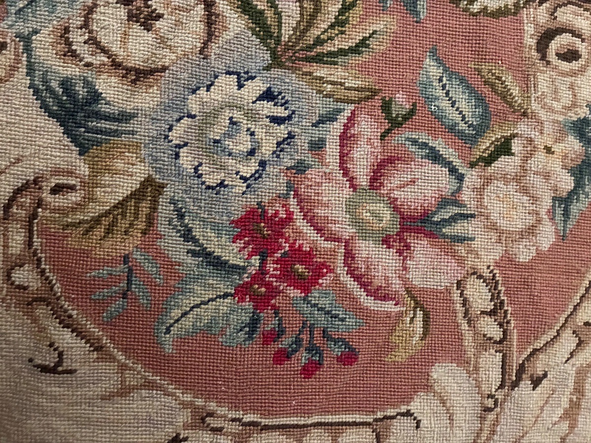  Rug, Needlepoint Tapestry, Floral Cartouches On A Pink Background, 20th Century.-photo-1