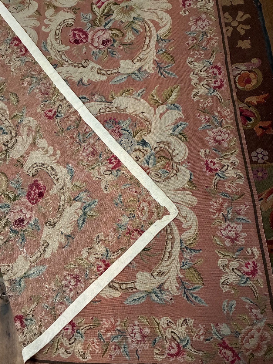  Rug, Needlepoint Tapestry, Floral Cartouches On A Pink Background, 20th Century.-photo-2