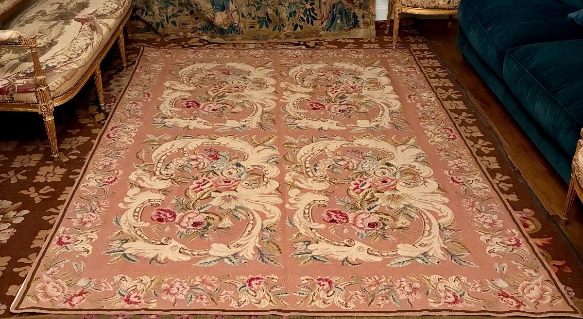  Rug, Needlepoint Tapestry, Floral Cartouches On A Pink Background, 20th Century.