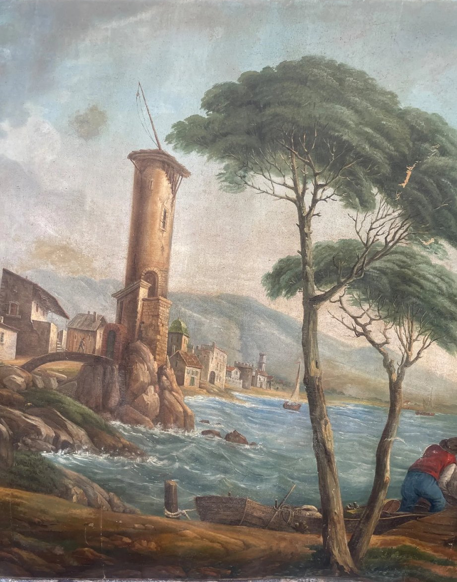 Large Painted Canvas, Seascape, Return From A Fishing Trip, Late 19th Century-photo-2
