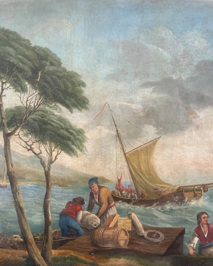 Large Painted Canvas, Seascape, Return From A Fishing Trip, Late 19th Century-photo-3