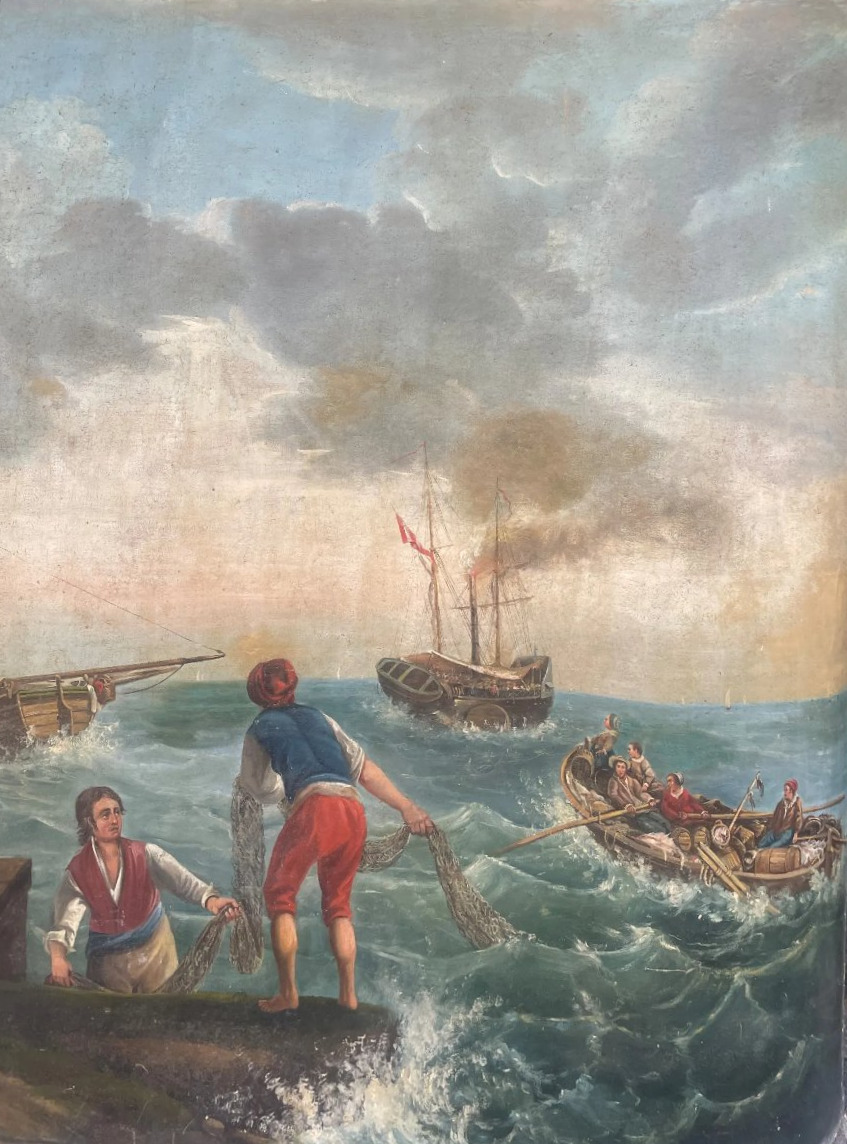 Large Painted Canvas, Seascape, Return From A Fishing Trip, Late 19th Century-photo-4