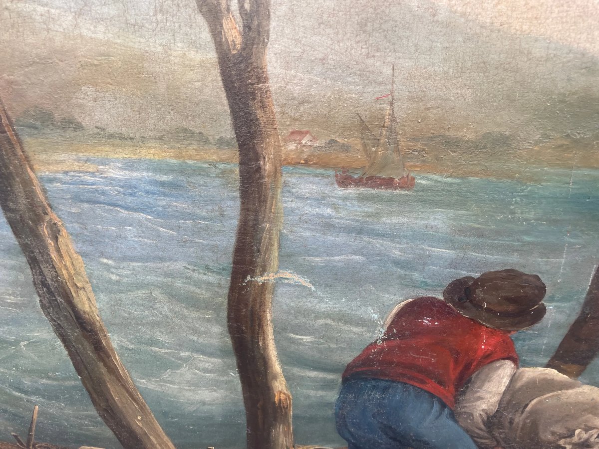 Large Painted Canvas, Seascape, Return From A Fishing Trip, Late 19th Century-photo-2