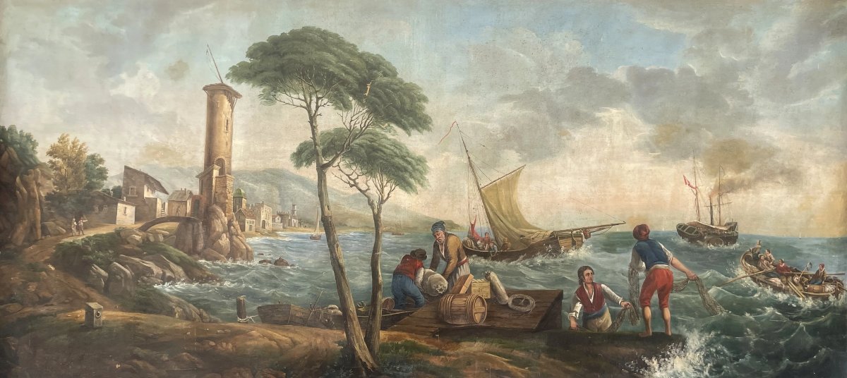 Large Painted Canvas, Seascape, Return From A Fishing Trip, Late 19th Century
