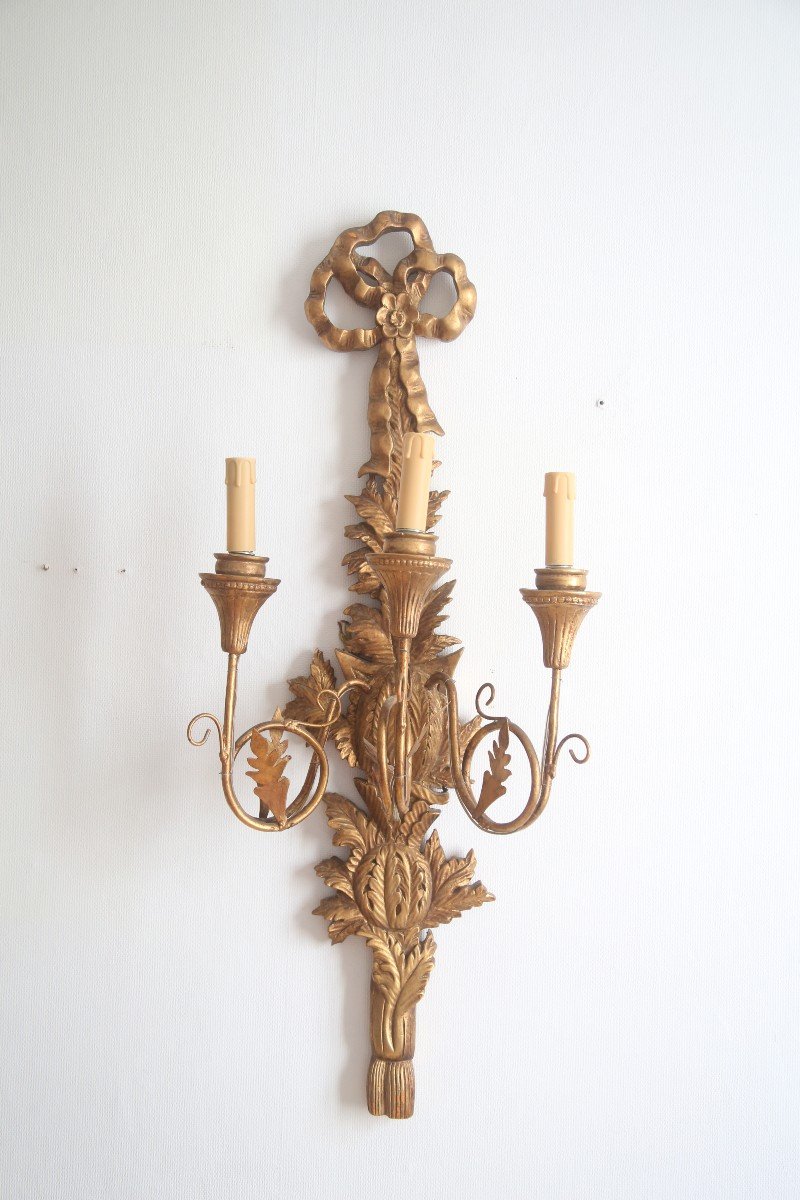 Pair Of Wall Lamp In Golden Wood Louis XVI Style-photo-3