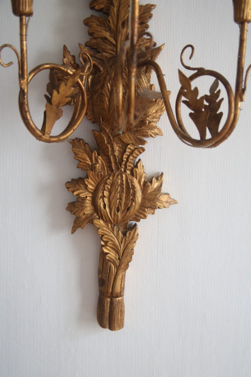 Pair Of Wall Lamp In Golden Wood Louis XVI Style-photo-1