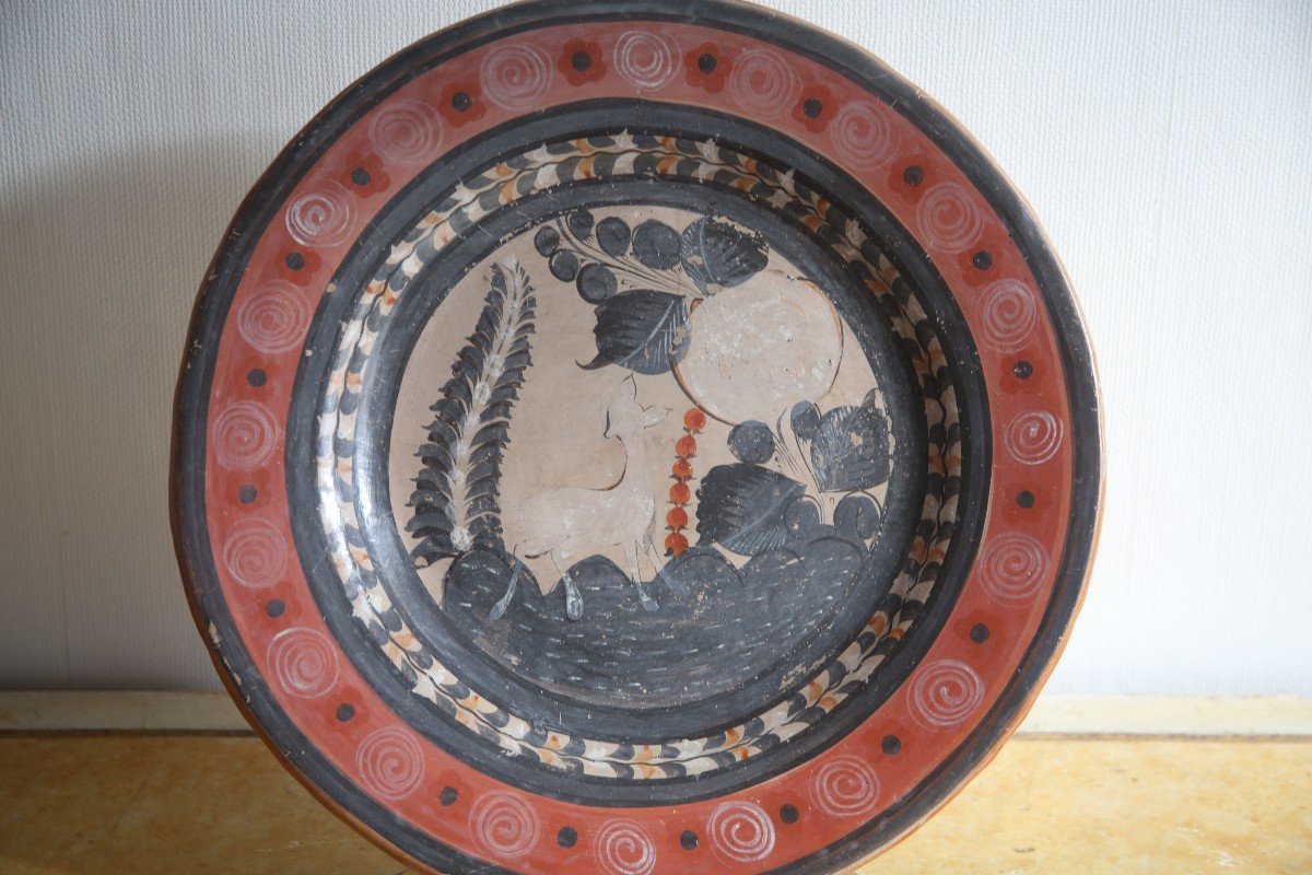 Large Circular Terracotta Dish With Peacock Decoration In A Landscape.-photo-2