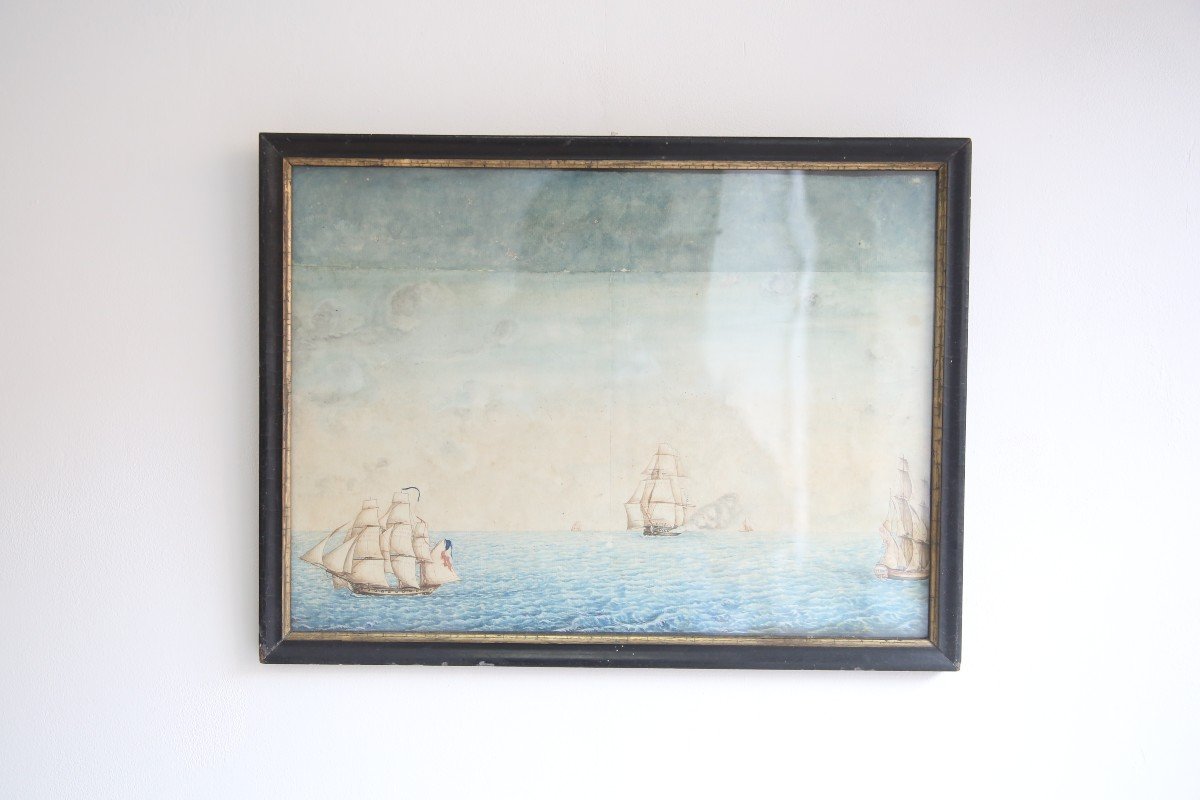 paire d'aquarelles , marines du début du XIXème siècle-photo-3