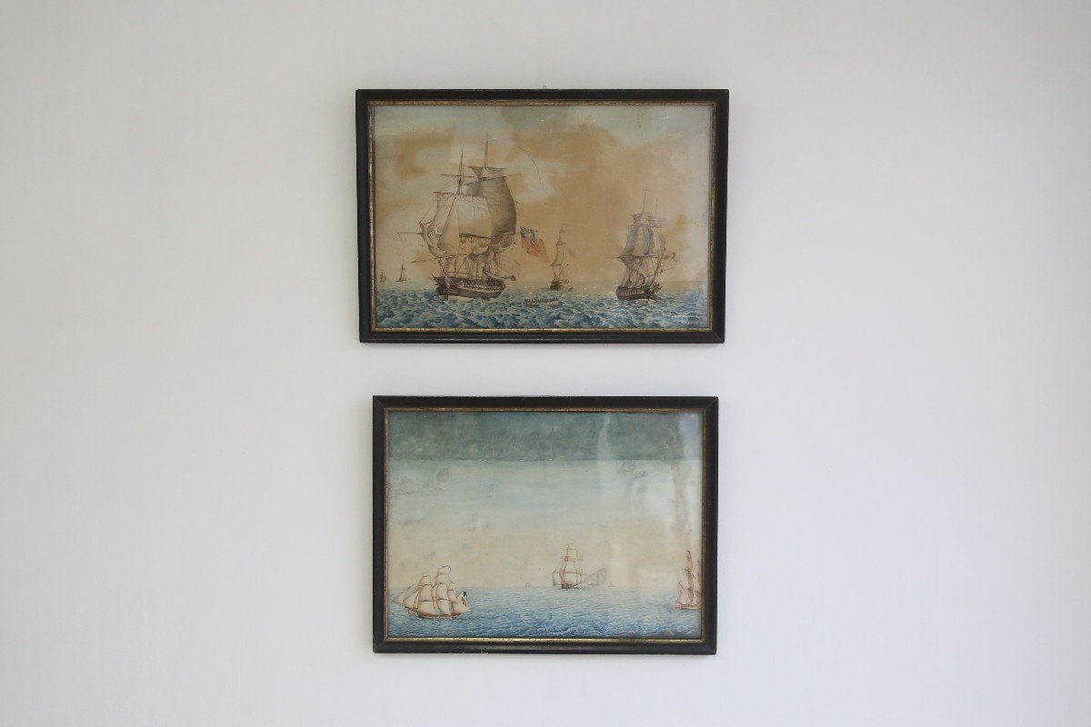 paire d'aquarelles , marines du début du XIXème siècle