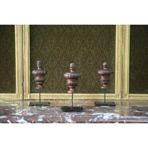 Suite Of Three Walnut Fire Pots Mounted On A Base.