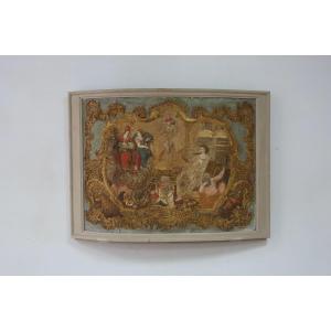 Allegorical Woodwork Panel In Wood And Golden Stucco Nineteenth