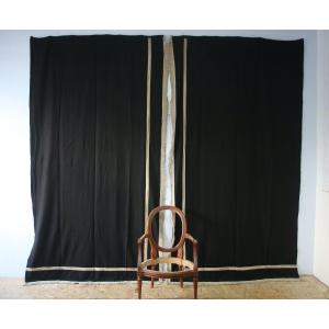 Large Pair Of Double Curtains In Black Woolen Cloth And Silver Trimmings.