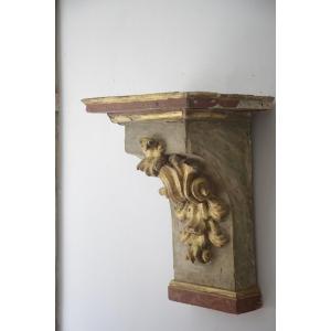 Italian Wall Console In Carved Wood, Gilded And Patinated In Imitation Of Marble, 18th Century