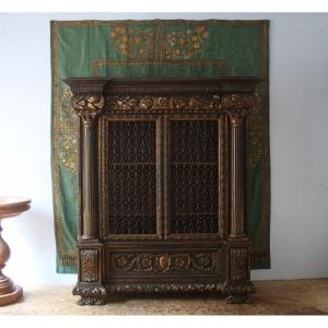 Large Mesh Cabinet, Richly Carved And Gilded, Baroque Style, Italy 20th Century