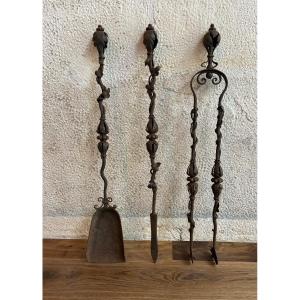 Wrought Iron Fireplace Set (tongs, Poker, Shovel), 20th C.