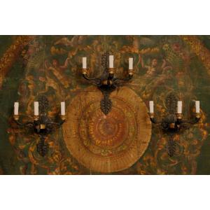  Suite Of 3 Empire-style Patinated And Gilt Bronze Sconces, 20th Century