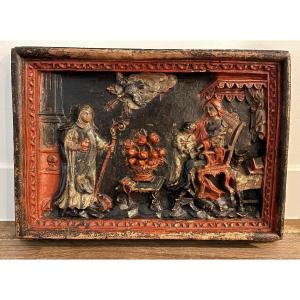 Polychrome Carved Wooden Frame, "the Education Of The Virgin By Saint-anne", 18th Century