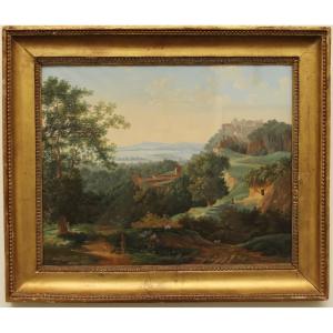 Gouache, paysage d'Arcadie, néoclassique 1er moitié XIXe siècle