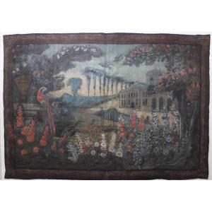 Toile peinte au paysage animé dans le goût des Tapisseries Verdure, début  XIXe siècle
