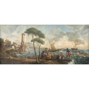 Large Painted Canvas, Seascape, Return From A Fishing Trip, Late 19th Century