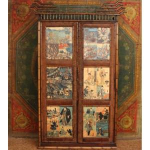Bamboo Cabinet In The Style Of "perret & Vibert," Embellished With 19th-century Japanese Prints