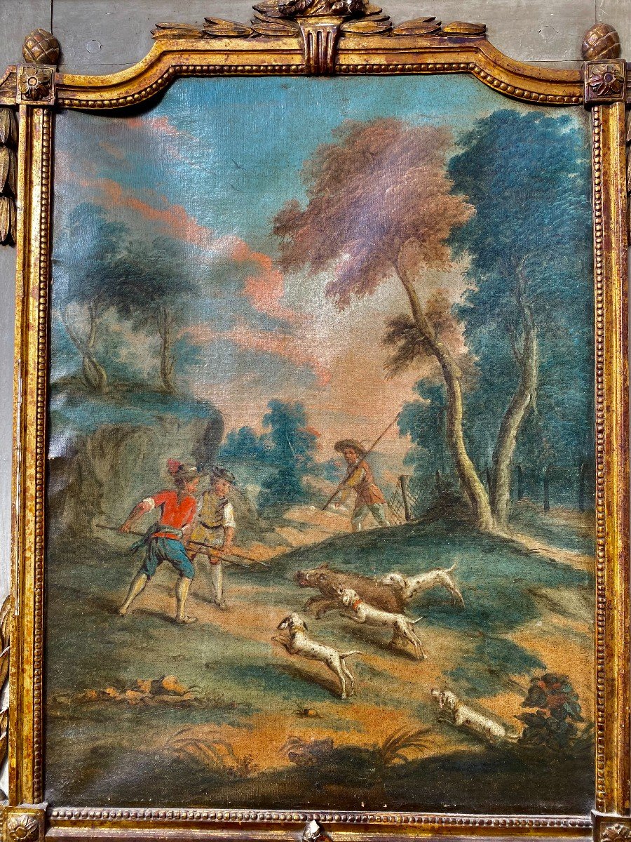 Important Trumeau De Boiserie "scène De Chasse Au Sanglier". Epoque Louis XV. XVIII E Siècle.