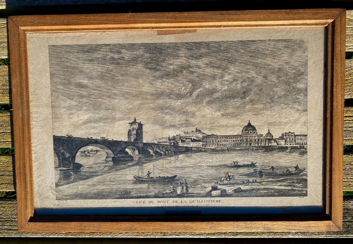 Le Pont De La Guillotière Et l'Hotel-dieu. Lyon. Gravure. sous verre.  XVIII E Siècle. Anonyme.-photo-2