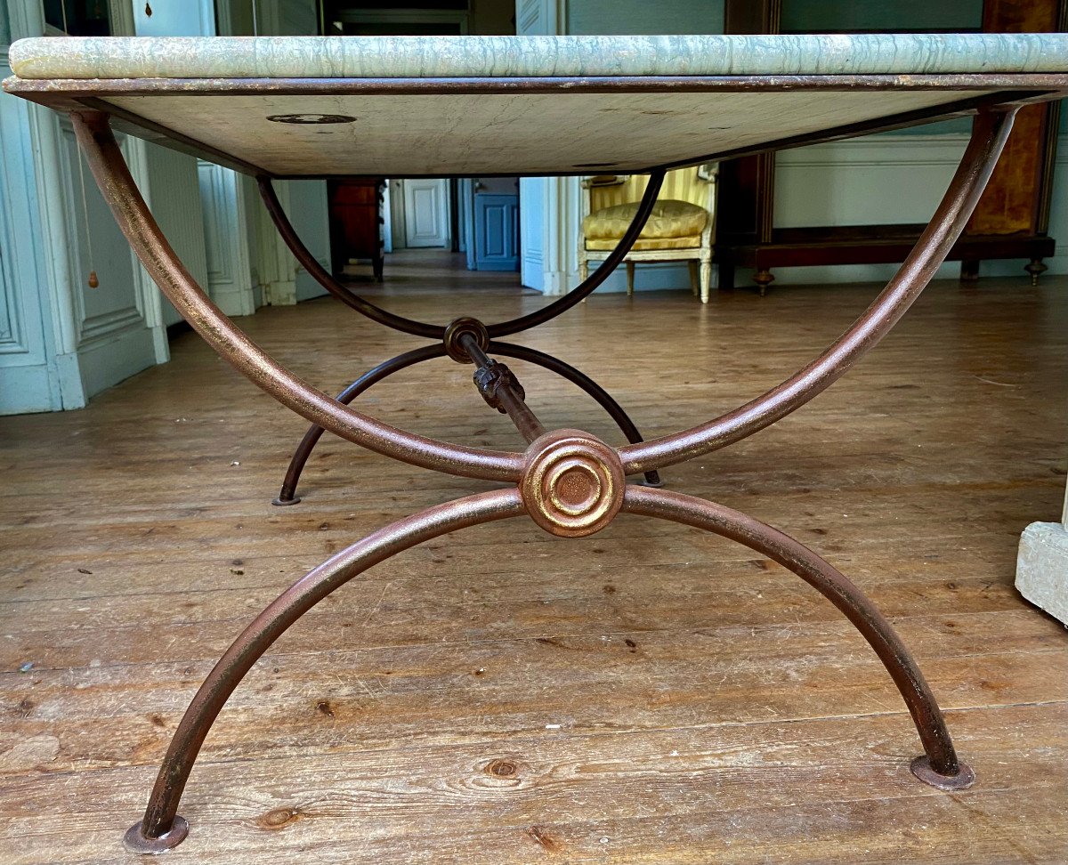 Vintage Coffee Table From The 1950s. In The Taste Of Ancient Rome. Wrought Iron And Veined Marble. -photo-2