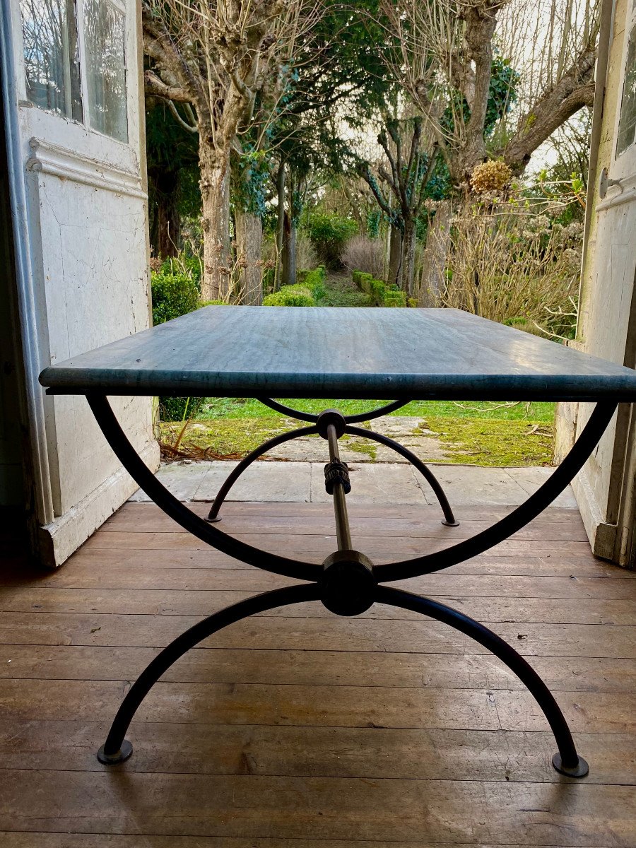 Vintage Coffee Table From The 1950s. In The Taste Of Ancient Rome. Wrought Iron And Veined Marble. -photo-3