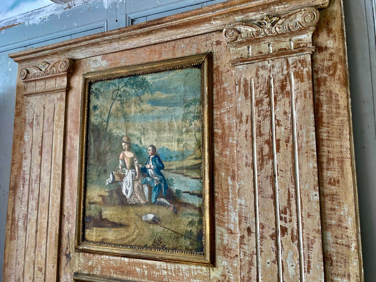 Trumeau De Boiserie. Epoque Louis XVI. Scène Galante Et Miroir Au Mercure. Fin Du XVIII E S-photo-2