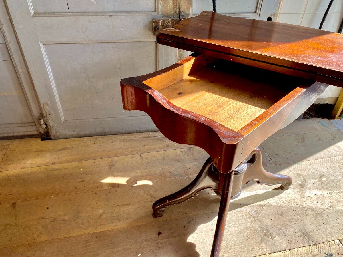 Games Table. Mahogany - Green Velvet Top. Sliding And Folding Tray. Charles XIX Period. -photo-2
