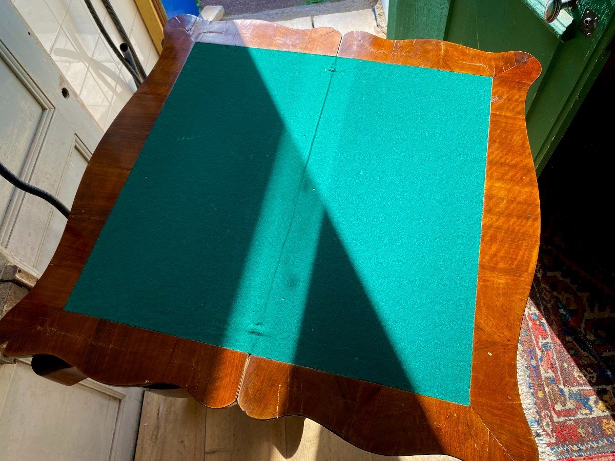 Games Table. Mahogany - Green Velvet Top. Sliding And Folding Tray. Charles XIX Period. -photo-3