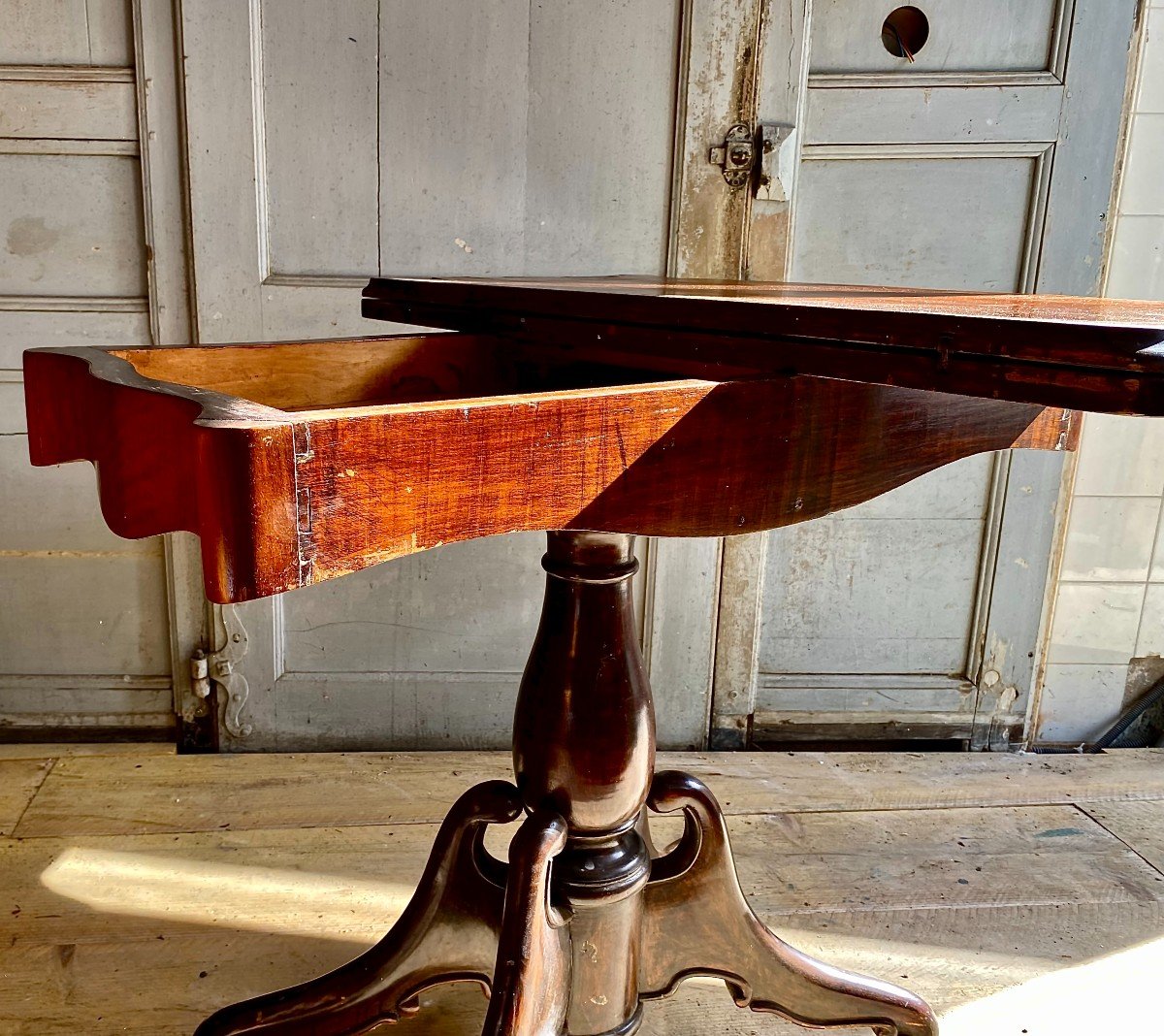 Games Table. Mahogany - Green Velvet Top. Sliding And Folding Tray. Charles XIX Period. -photo-4