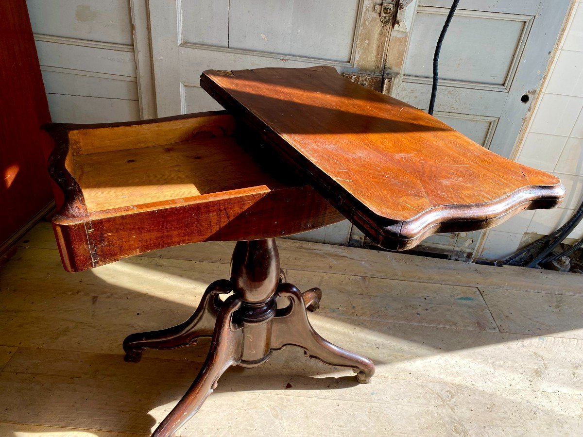 Games Table. Mahogany - Green Velvet Top. Sliding And Folding Tray. Charles XIX Period. -photo-2