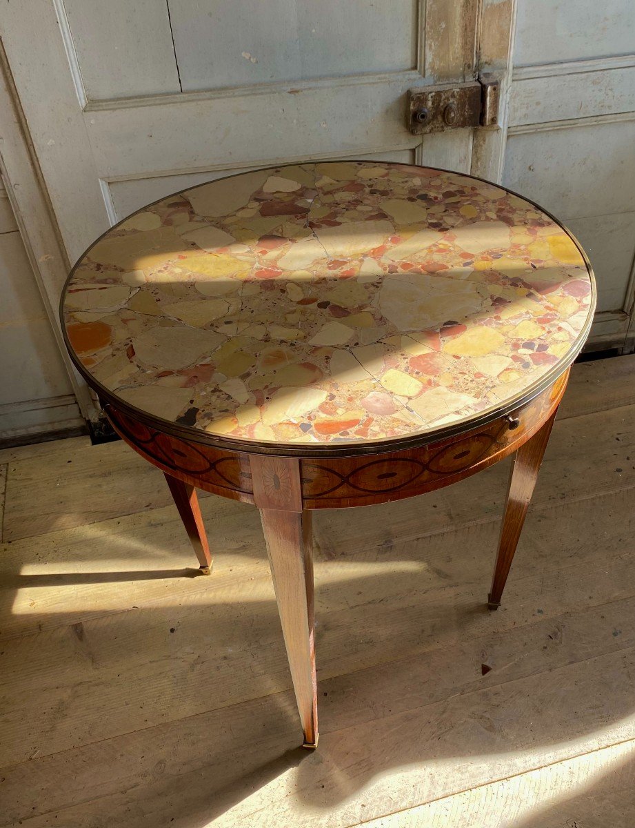 Hot Water Bottle Table In Marquetry And Marble Top. Louis XVI Style. Nineteenth Century. -photo-1